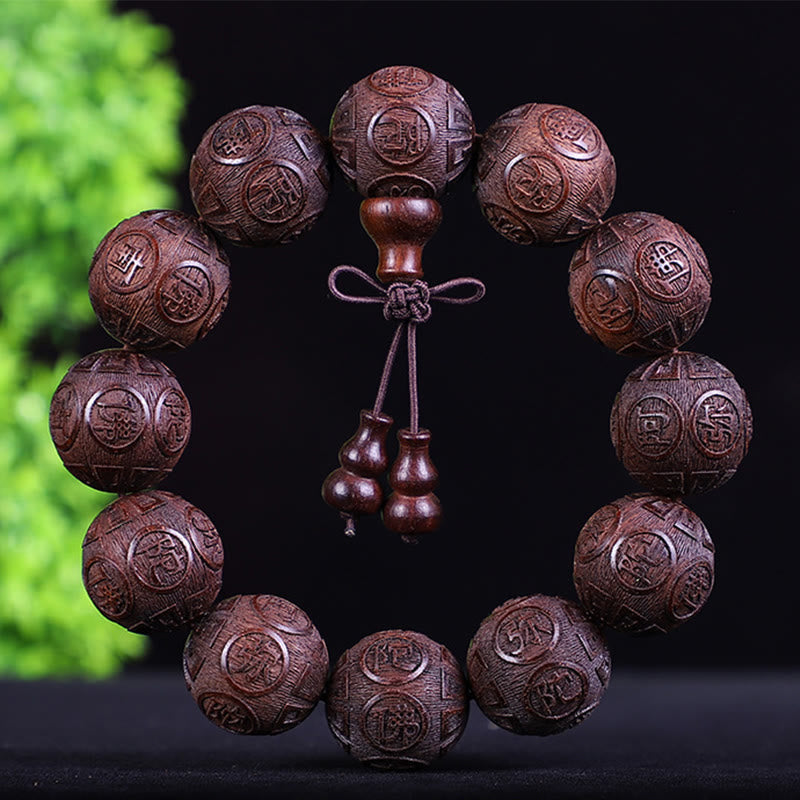 Wear FengShui Chinese Zodiac Rosewood Ebony Copper Coin PiXiu Carved Warmth Bracelet