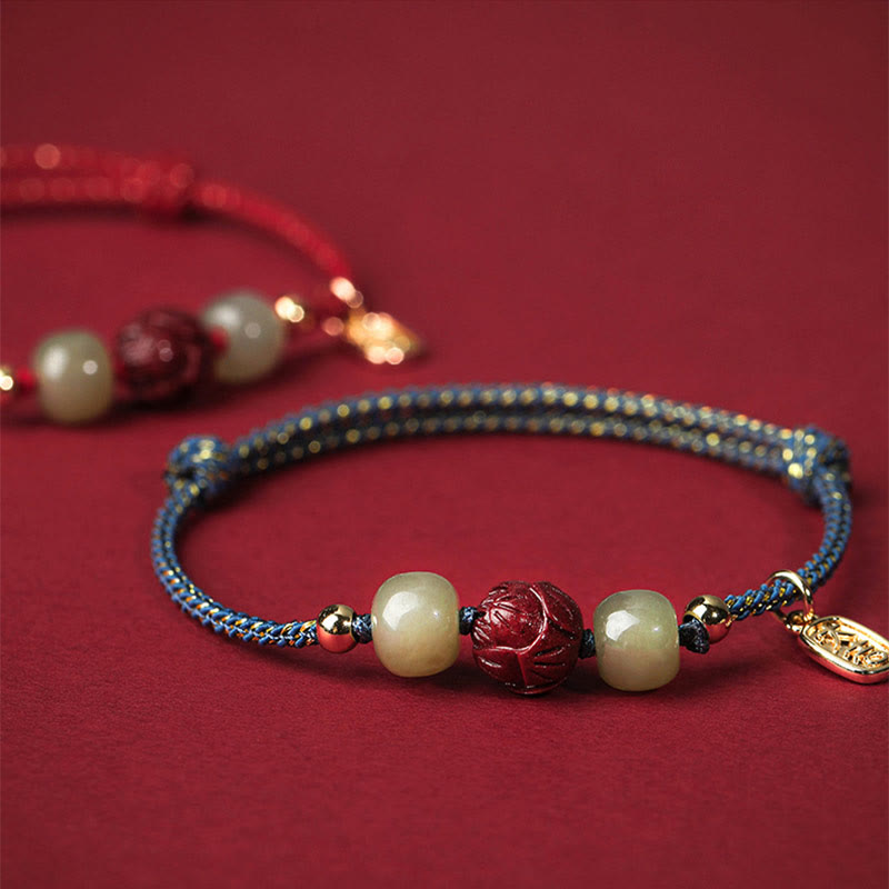 Wear FengShui 14K Gold Plated Hetian Jade Cinnabar Lotus Luck Handcrafted Rope Bracelet