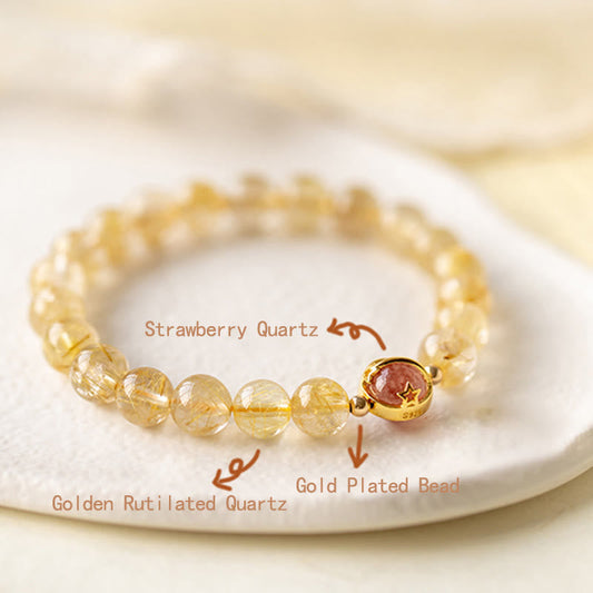Wear FengShui Golden Rutilated Quartz Strawberry Quartz Star Protection Bracelet