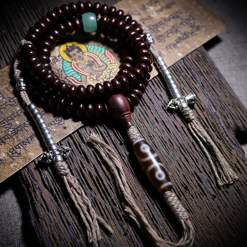 Wear FengShui Natural Tibet 108 Mala Beads Purple Bodhi Seed Three-eyed Dzi Bead Copper Dorje Harmony Bracelet
