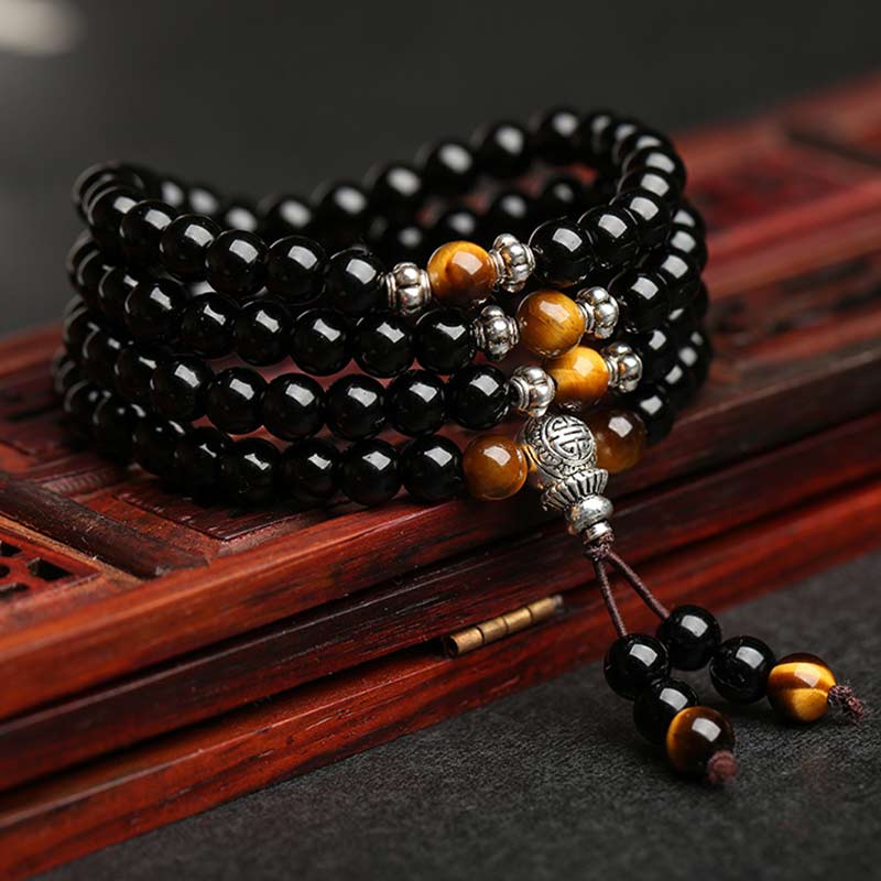 Wear FengShui Black Obsidian Tiger Eye Blessing Mala Bracelet