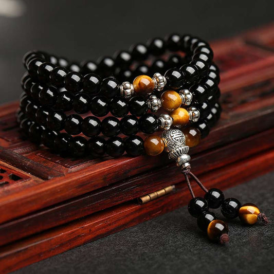 Wear FengShui Black Obsidian Tiger Eye Blessing Mala Bracelet