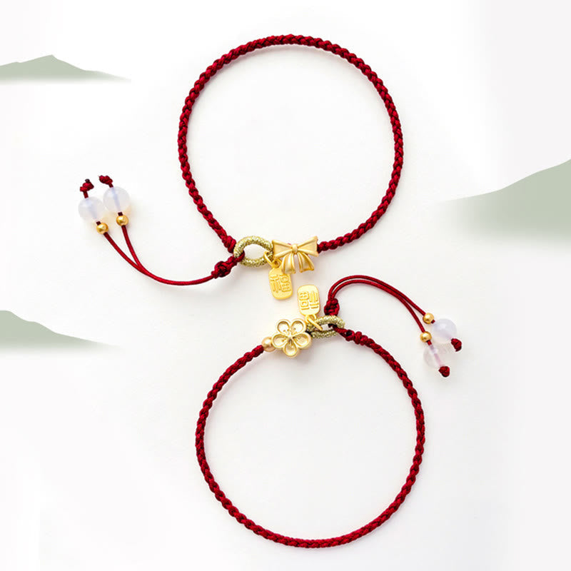 Wear FengShui Handmade Peach Blossom Rosette Bow Knot Fu Character Charm Luck Fortune Red Rope Bracelet