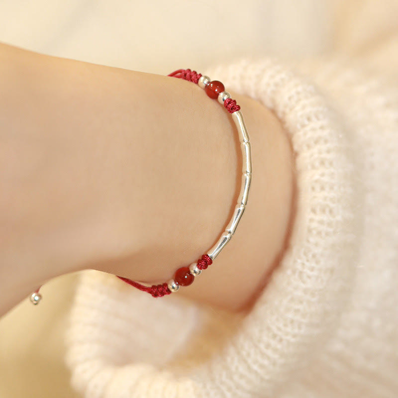 Wear FengShui 925 Sterling Silver Bamboo White Agate Red Agate Bead Protection String Braided Bracelet