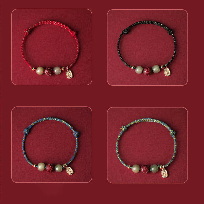 Wear FengShui 14K Gold Plated Hetian Jade Cinnabar Lotus Luck Handcrafted Rope Bracelet
