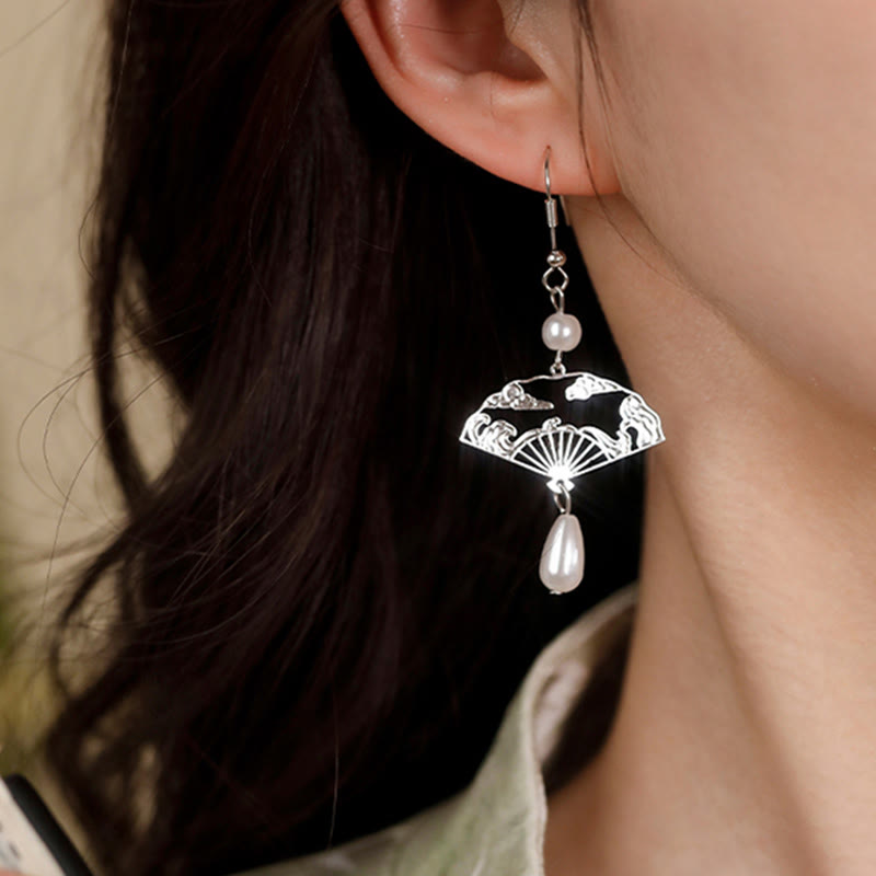 Wear FengShui Copper Fan Auspicious Clouds Pearl Healing Drop Earrings