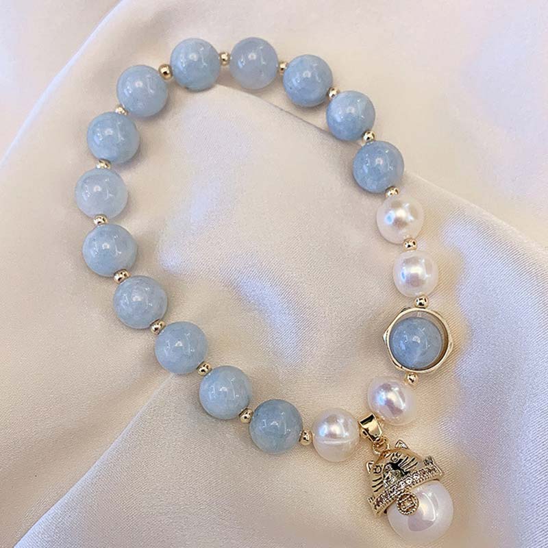 Wear FengShui Aquamarine Pearl Peace Healing Lucky Cat Charm Bracelet