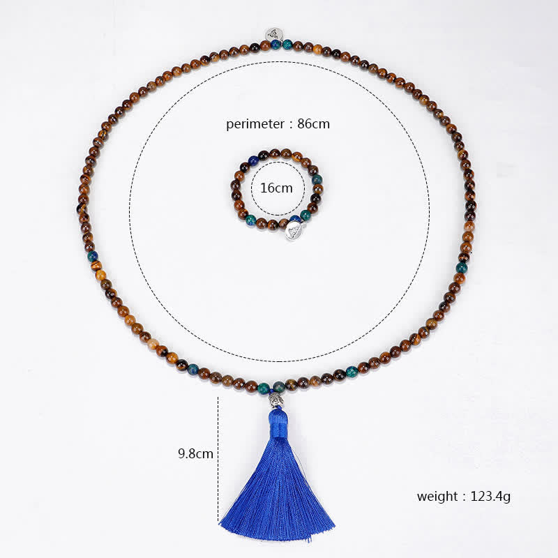 Wear FengShui 108 Mala Beads Tiger Eye Buddha Strength Bracelet Tassel Necklace Pendant