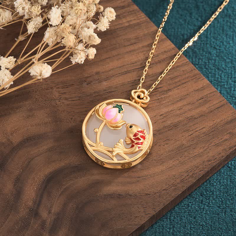 Wear FengShui White Jade Koi Fish Lotus Blessing Necklace Pendant