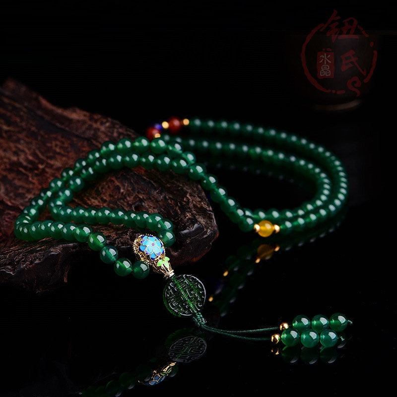 Wear FengShui 108 Mala Beads Natural Green Agate Power Support Bracelet