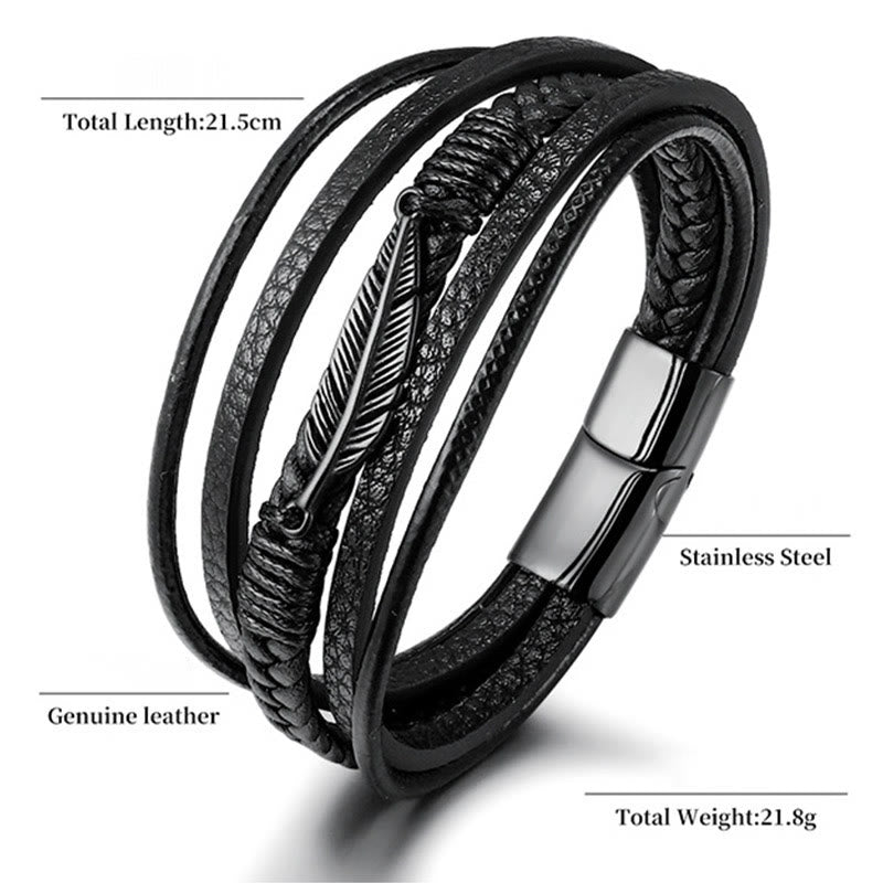 Wear FengShui Feather Pattern Multilayer Leather Titanium Steel Calm Braided Magnetic Buckle Bracelet