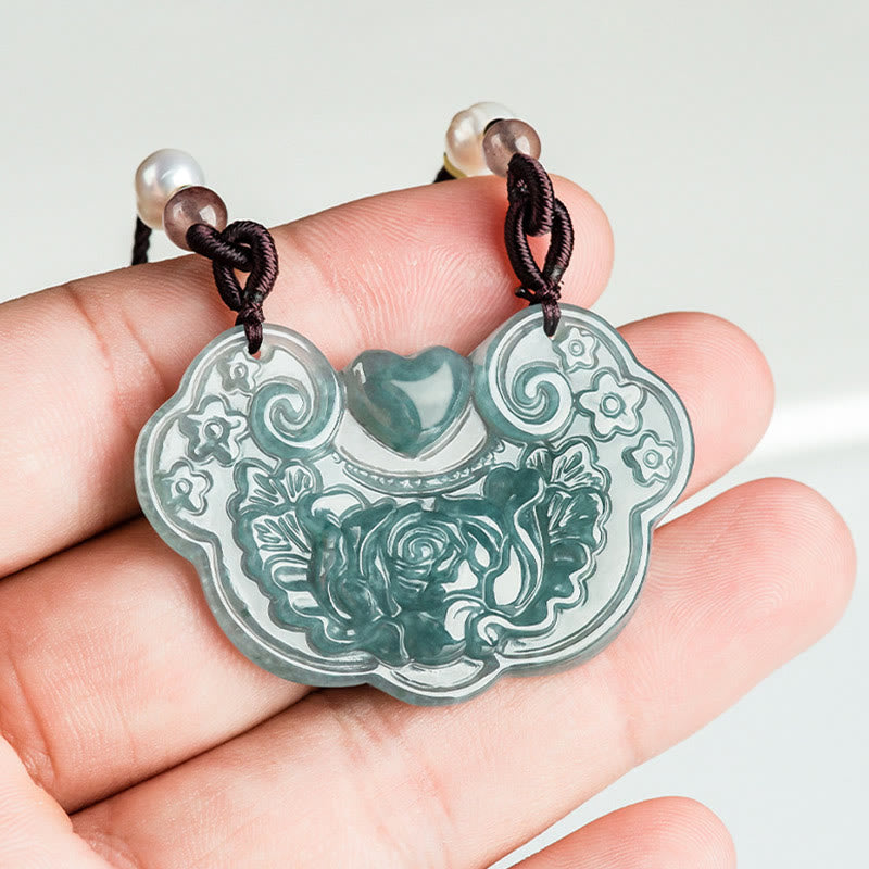Wear FengShui Natural Jade Peony Flower Lock of Good Wishes Prosperity Necklace Pendant