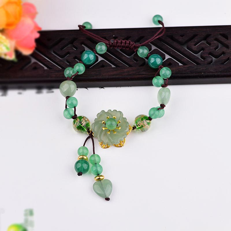 Wear FengShui Natural Green Jade Luck Dangling Flower Bracelet