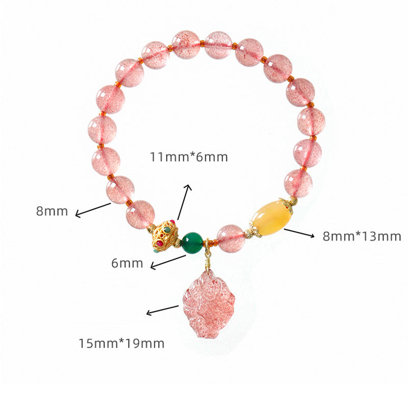 Wear FengShui Natural Strawberry Quartz Nine Tailed Fox Healing Bracelet
