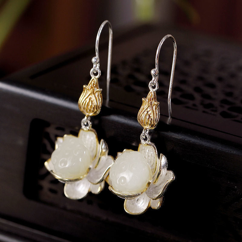 Wear FengShui White Jade Protection Harmony Drop Earrings