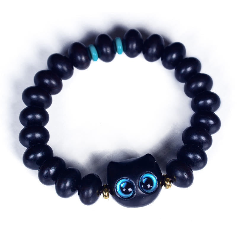 Wear FengShui Ebony Wood Liuli Glass Lovely Cat Peace Balance Bracelet