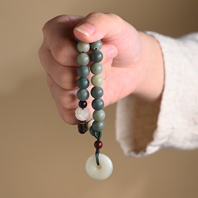 Wear FengShui Cyan Bodhi Seed Lotus Jade Peace Buckle Wisdom Double Wrap Bracelet