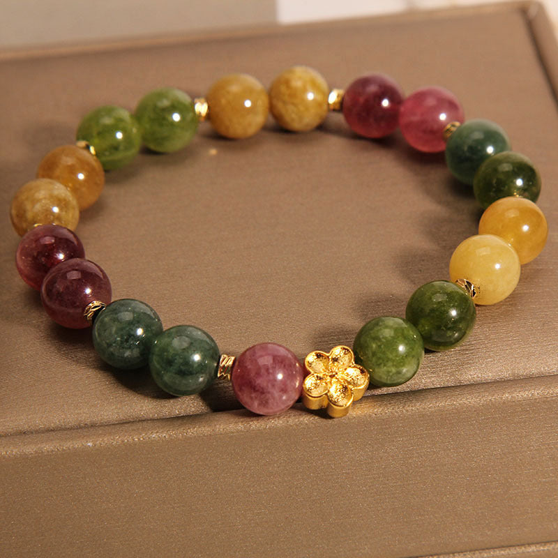 Wear FengShui Natural Colorful Tourmaline Golden Flower Positive Bracelet