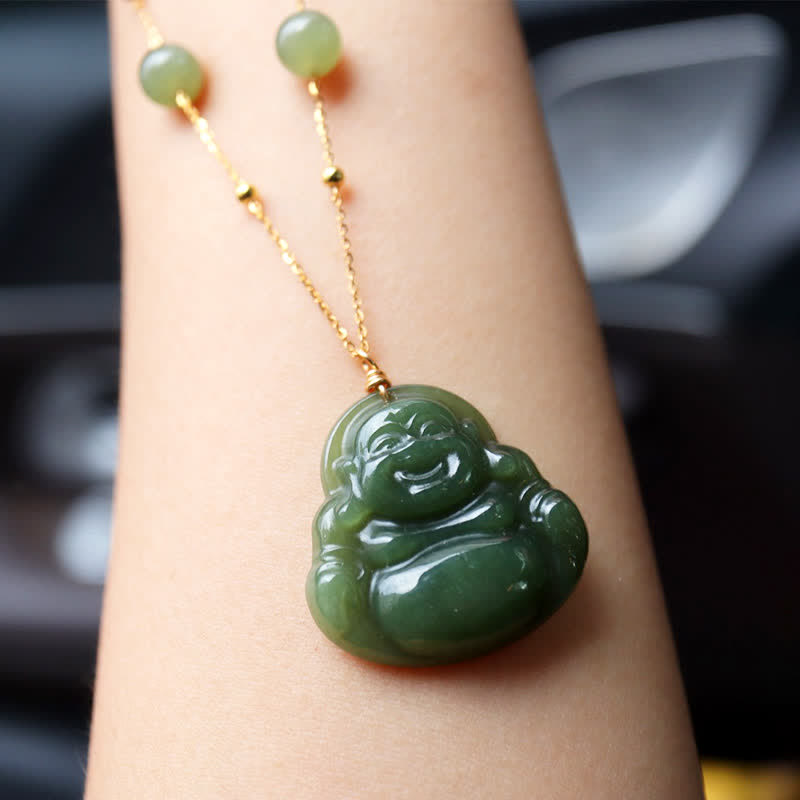 Wear FengShui Laughing Buddha Hetian Jade Luck Necklace Bead Chain Pendant