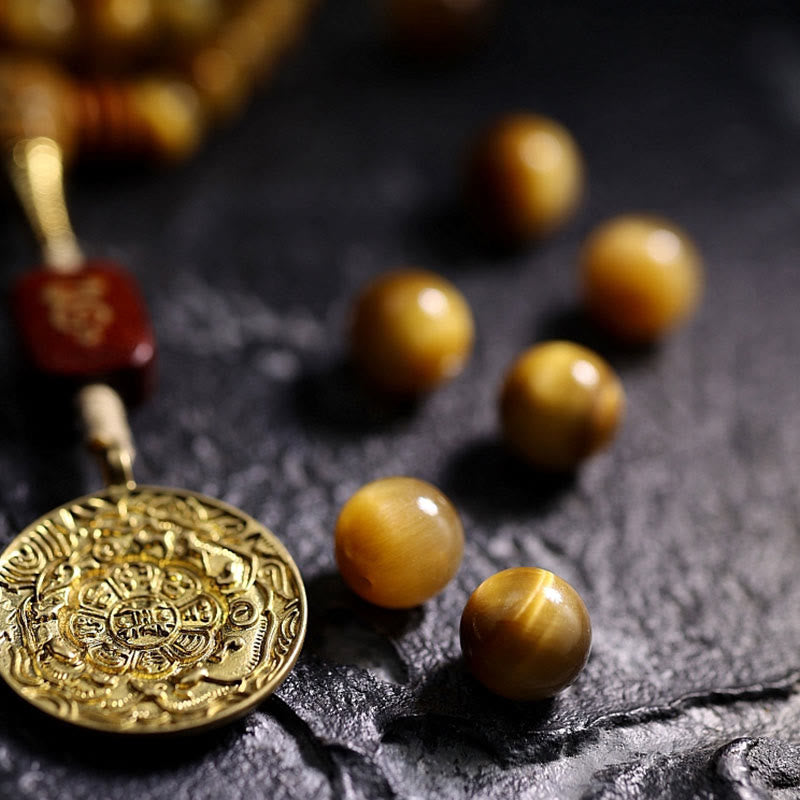 Wear FengShui 108 Mala Beads Natural Tiger Eye Copper Dorje Protection Tassel Bracelet