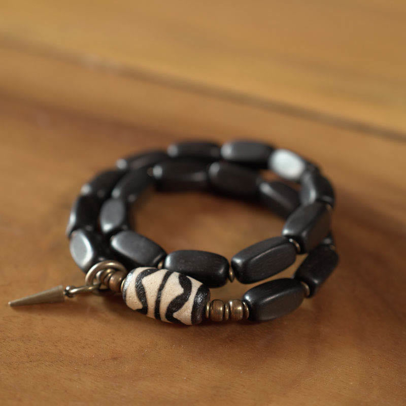 Wear FengShui Tibet Ebony Wood Dzi Bead Copper Balance Double Wrap Bracelet