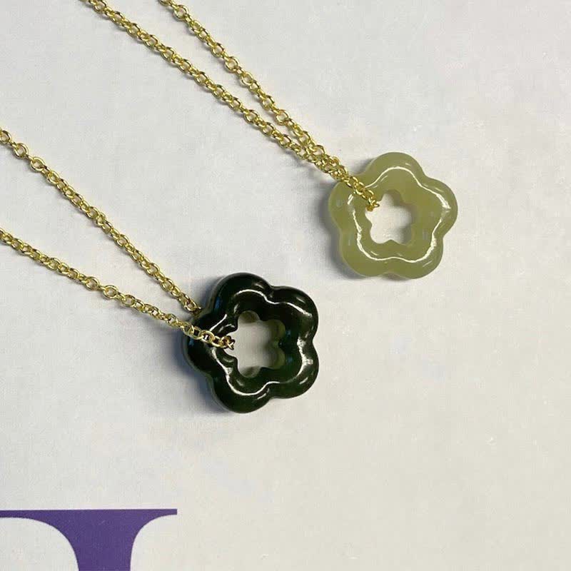 Wear FengShui Dainty Hetian Jade Cyan Jade Luck Floral Charm Necklace Pendant