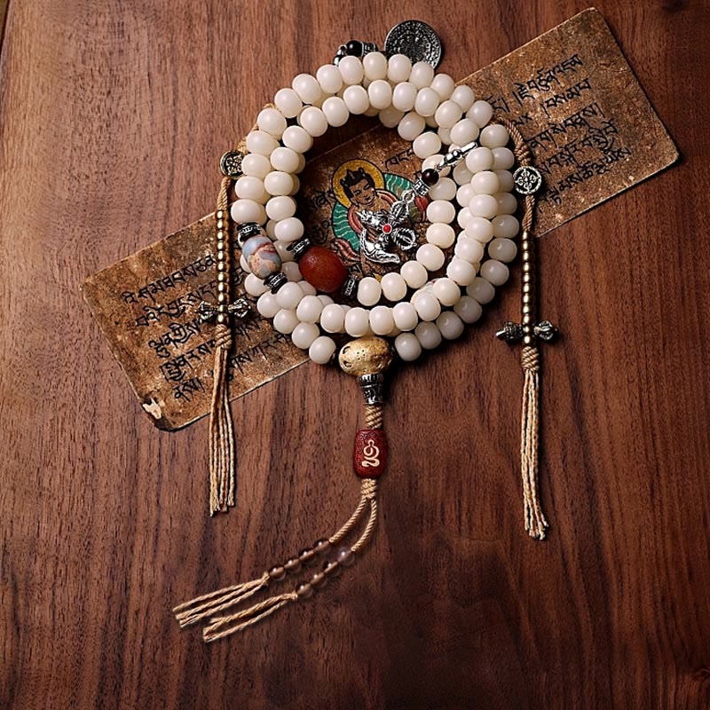 Wear FengShui Tibet 108 Mala Beads Bodhi Seed Bagua Vajra Dzi Bead Gray Agate Wealth Bracelet