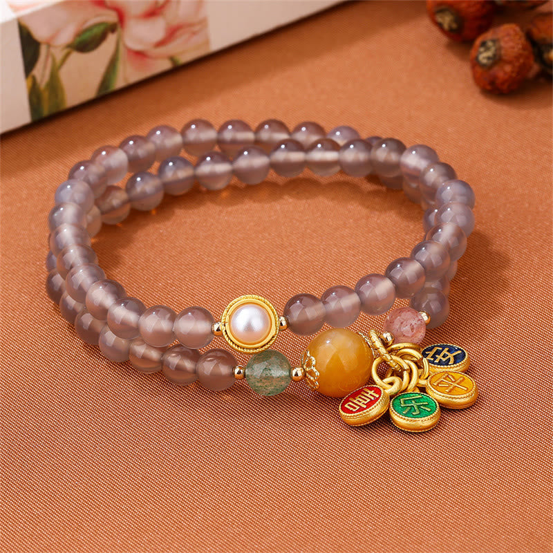 Wear FengShui Natural Gray Agate Peace And Joy Charm Balance Double Wrap Bracelet