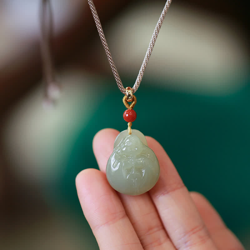Wear FengShui Laughing Buddha Hetian Jade Wealth Prosperity String Necklace Pendant