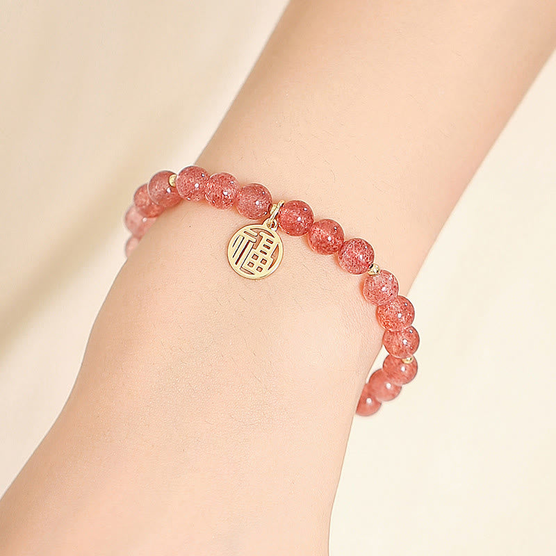 Wear FengShui 14K Gold Plated Strawberry Quartz Fu Character Healing Charm Bracelet