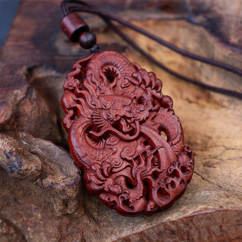Wear FengShui Lightning Struck Jujube Wood Double Dragon Relief Ward Off Evil Spirits Necklace Pendant