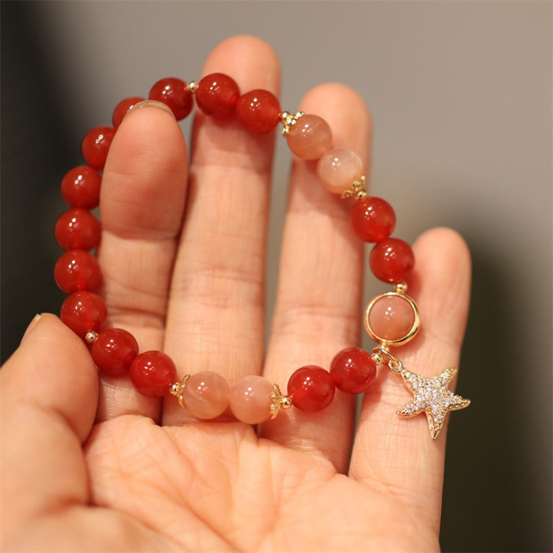 Wear FengShui Sun Stone Peach Moonstone Red Agate Crystal Star Wealth Bracelet