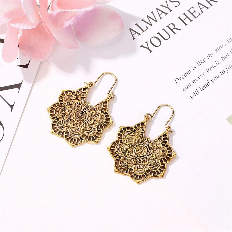 Wear FengShui Tibetan Lotus Engraving Copper Blessing Drop Earrings