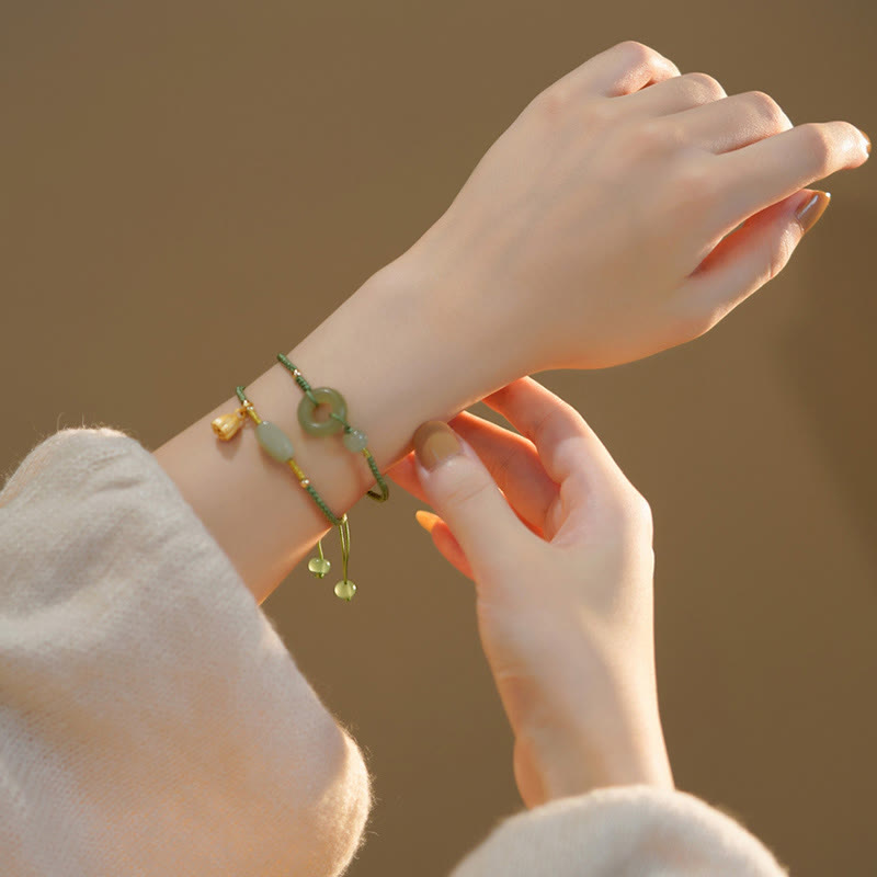 Wear FengShui Lotus Jade Peace Buckle Bead Luck Happiness Charm String Bracelet