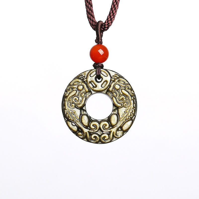 Wear FengShui Gold Sheen Obsidian Peace Buckle Pixiu Copper Coin Wealth Necklace Pendant
