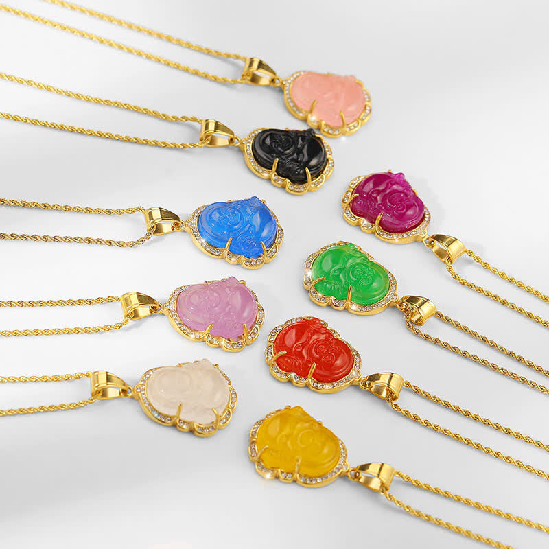 Wear FengShui 18K Gold Filled Laughing Buddha Jade Luck Necklace Chain Pendant