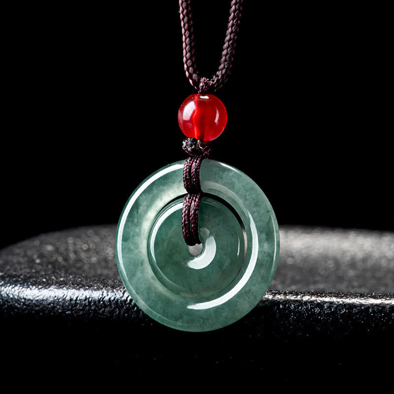 Wear FengShui Green Jade Double Peace Buckle Abundance Necklace Pendant