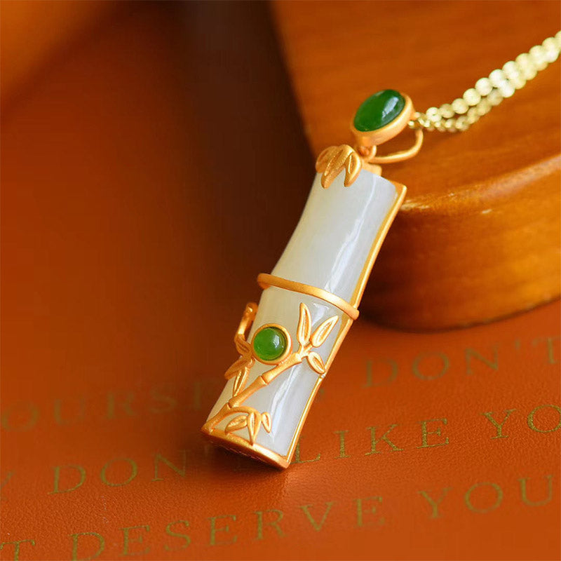 Wear FengShui White Jade Cyan Jade Bamboo Protection Necklace Pendant