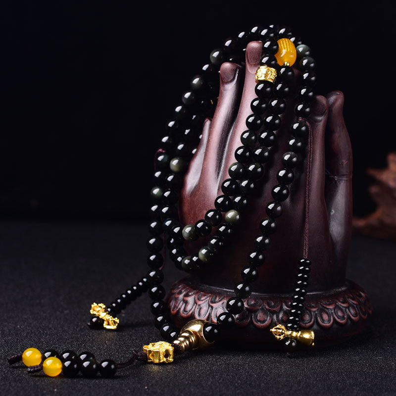 Wear FengShui 108 Beads Natural Black Obsidian Lotus Fulfilment Mala Bracelet