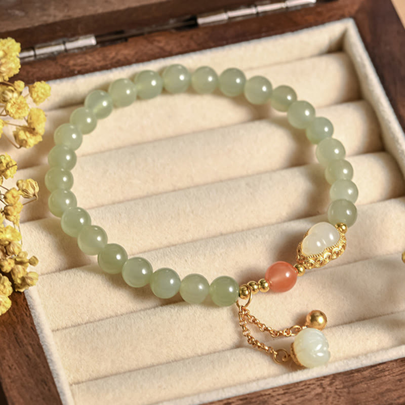 Wear FengShui 925 Sterling Silver Hetian Jade Gourd Lotus Abundance Luck Bracelet