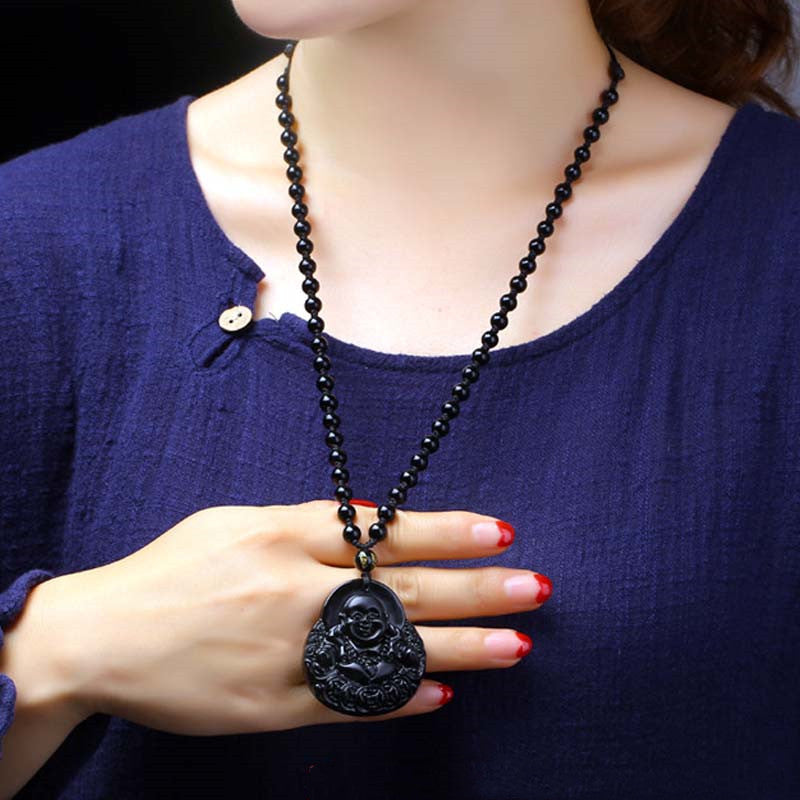 Wear FengShui Laughing Buddha Black Obsidian Strength Protection Pendant Necklace