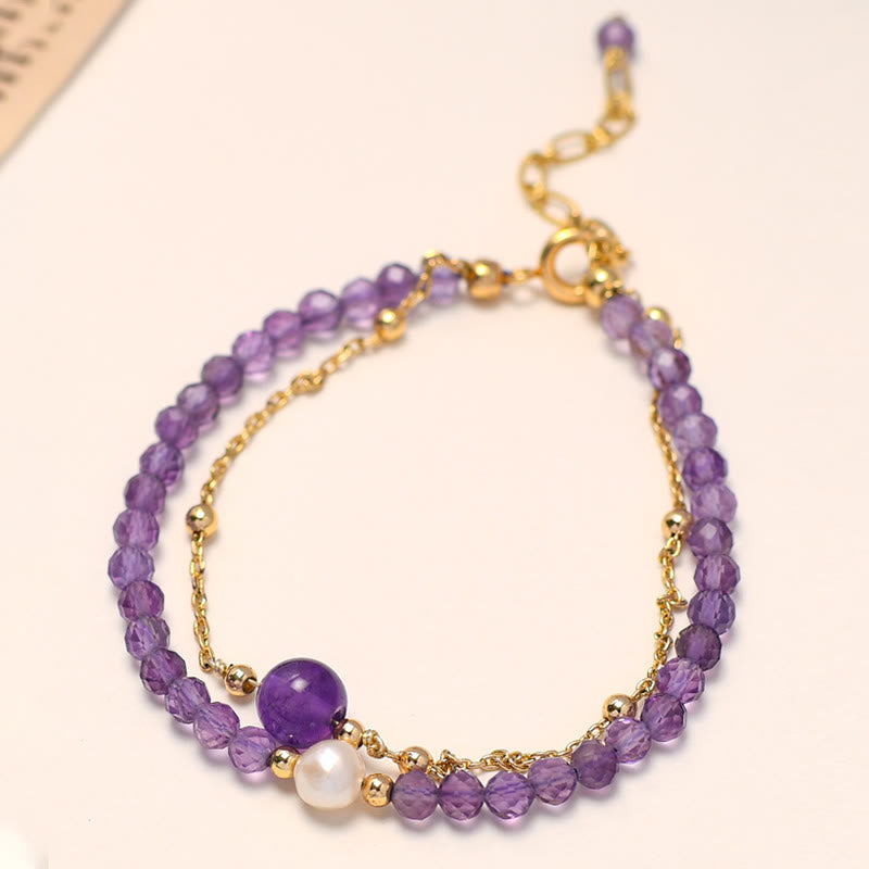 Wear FengShui 14K Gold Plated Amethyst Crystal Healing Double Layer Chain Bracelet