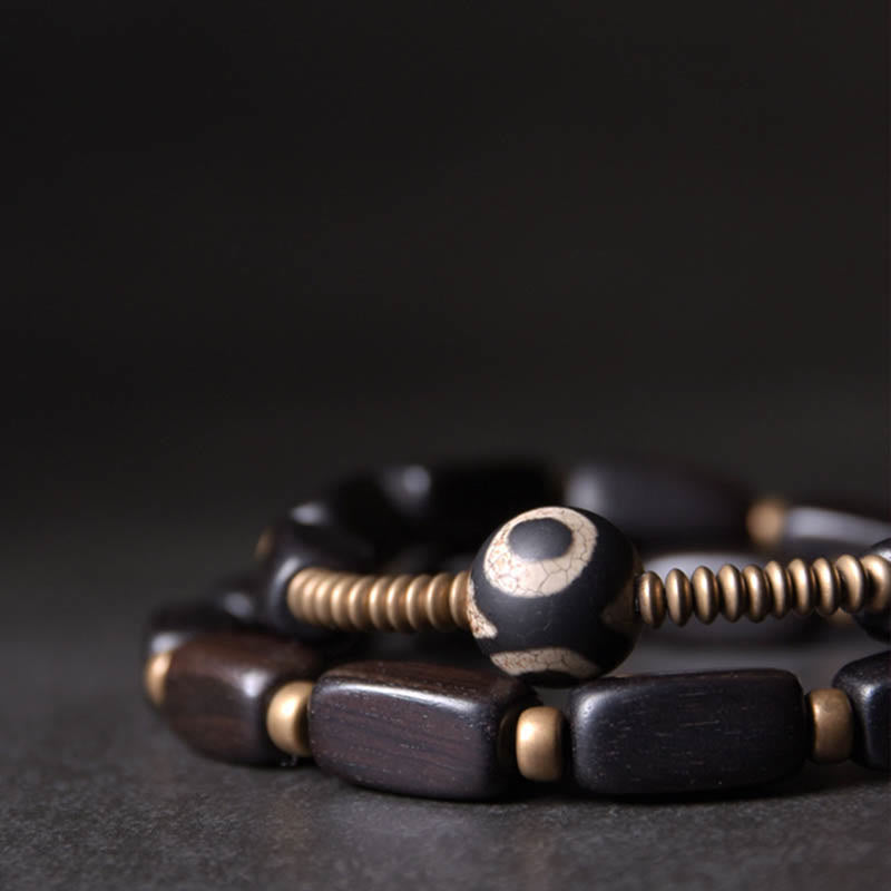 Wear FengShui Tibet Ebony Wood Dzi Bead Copper Balance Double Wrap Bracelet