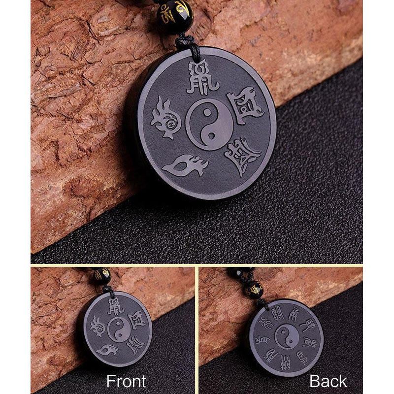 Wear FengShui Natural Black Obsidian Taoism Five Sacred Mountains Nine-Character Mantra Carved Strength Yin Yang Necklace Pendant Key Chain