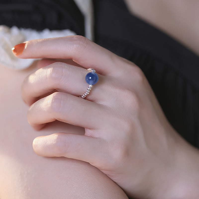 Wear FengShui 925 Sterling Silver Blue Candy Agate Healing Bead Ring