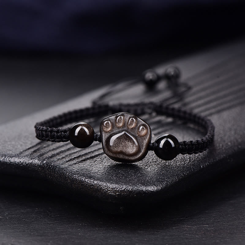 Wear FengShui Natural Silver Sheen Obsidian Gold Sheen Obsidian Cute Cat Paw Claw Protection Rope Bracelet