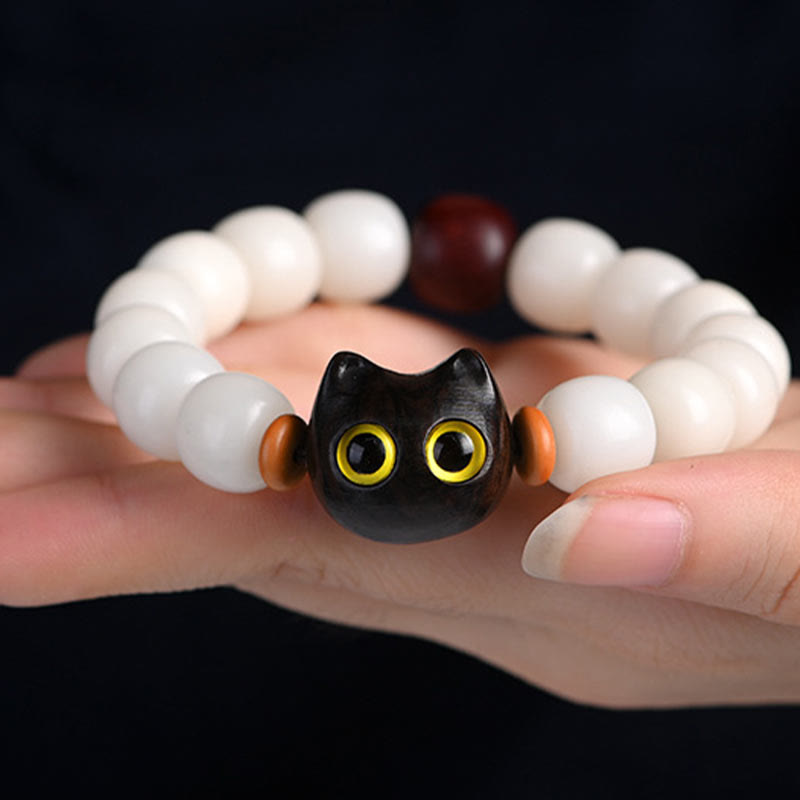 Wear FengShui Natural Bodhi Seed Small Leaf Red Sandalwood Ebony Wood Cute Lucky Cat Wisdom Bracelet