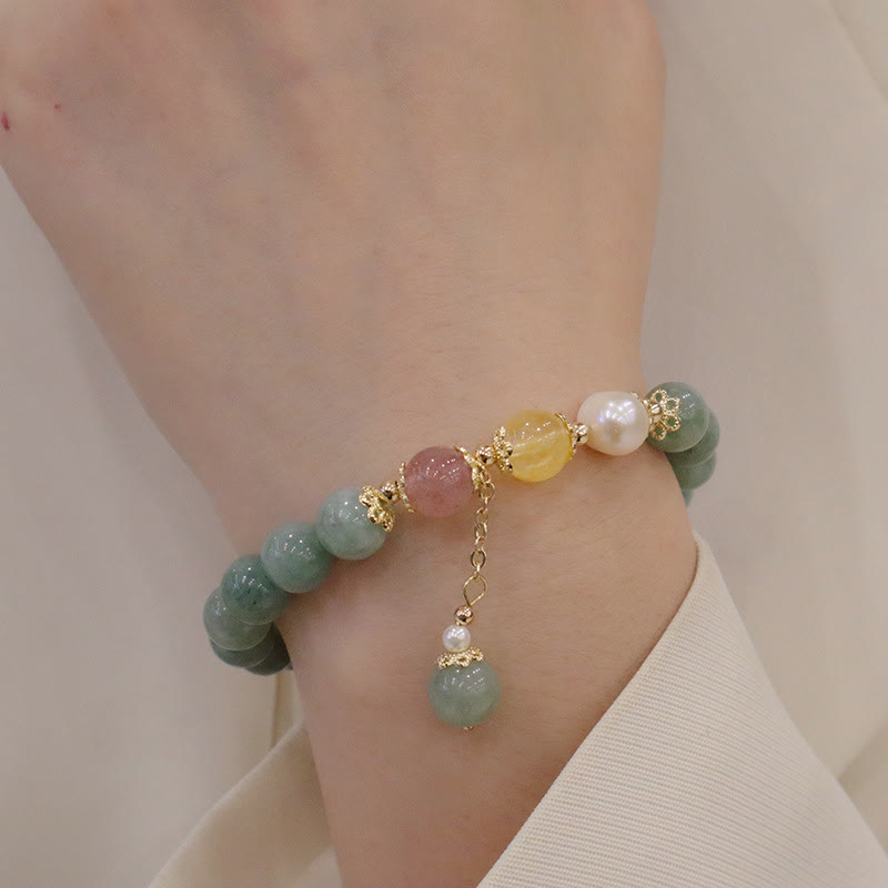 Wear FengShui Jade Pearl Strawberry Quartz Abundance Luck Bead Charm Bracelet
