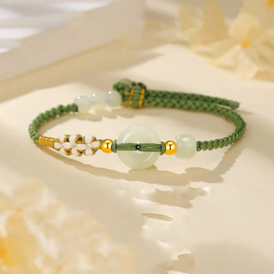 Wear FengShui Hetian Jade Peace Buckle Luck Peach Blossom Braided Bracelet