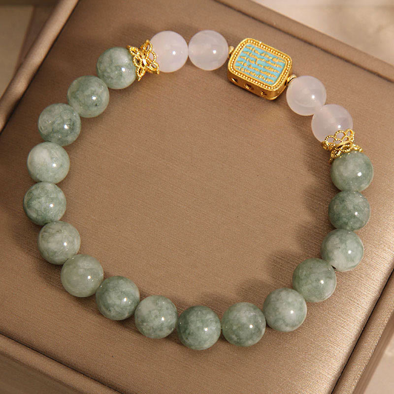 Wear FengShui Natural Green Jade White Agate Five Scriptures Abundance Bracelet